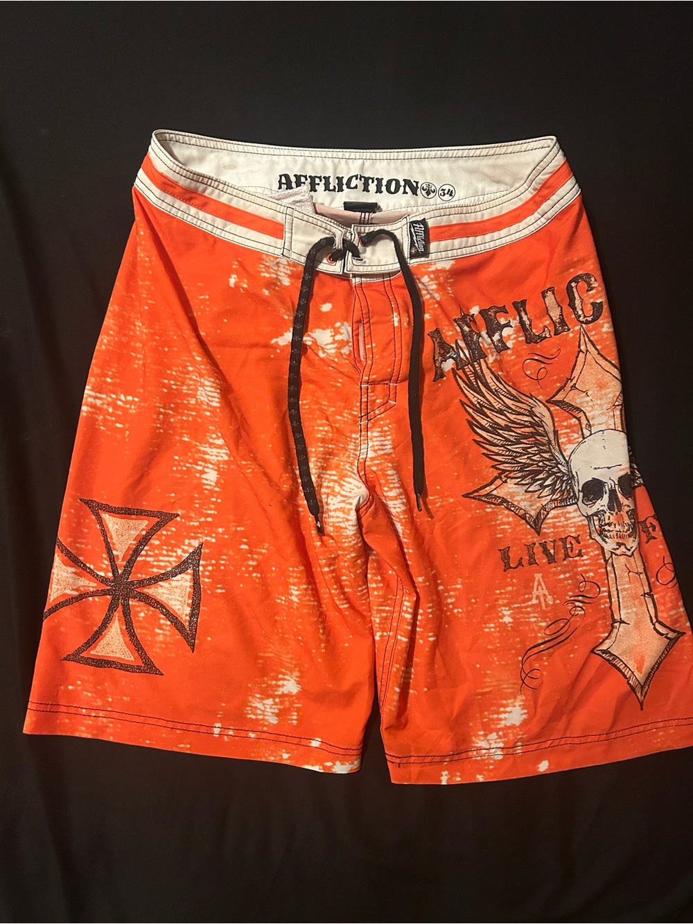 Affliction Orange Graphic Skull & Cross Board Shorts